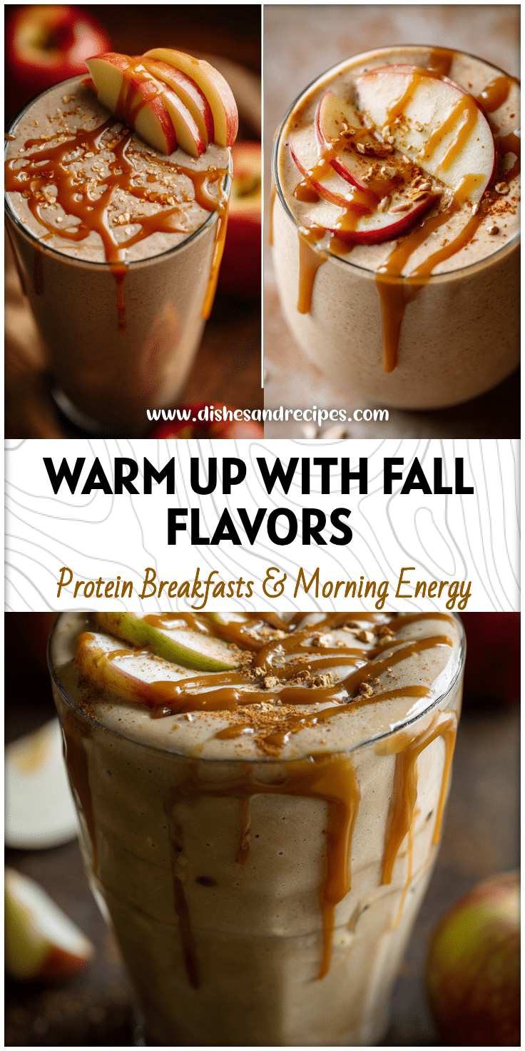 Glass of creamy Caramel Apple Protein Smoothie topped with apple slices and caramel drizzle for a cozy Fall Smoothie look